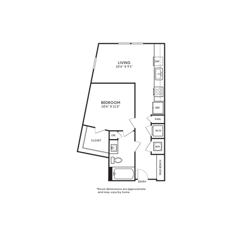Floor plan for 1 bed, 1 bath, 580 sqft